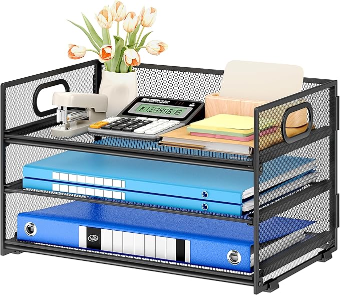 Subekyu 3 Tier Paper Letter Tray Organizer for Desk, Black Metal Mesh Desk File Folder Sorter Organizer with Handle and Sliding Tray for Home, Office, School Supplies Organization Storage