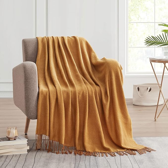 BOURINA Herringbone Two Tone Throw Blanket Faux Cashmere Fringe Soft Lightweight Cozy for Bed Couch Decorative Throws Blanket,Gold, 50" x 60"