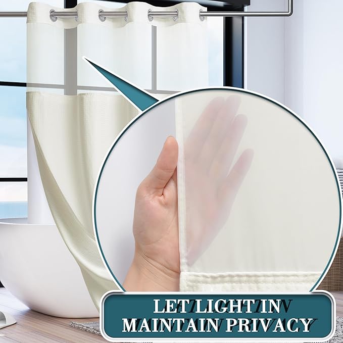 Conbo Mio Stall No Hook Waffle Weave Shower Curtain with Snap in Liner Set, Hotel Luxury Beige Shower Curtains for Bathroom with See Through Top Window, Waterproof, Washable 54W x 74H