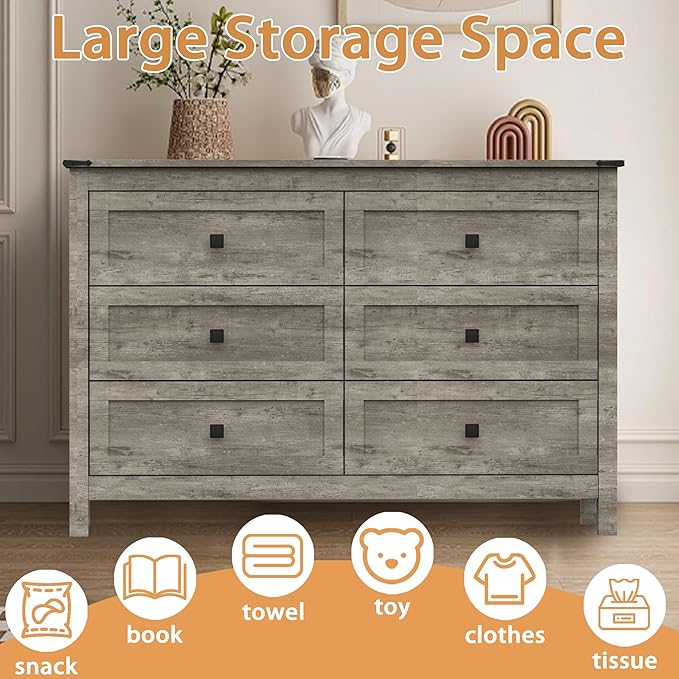 Farmhouse 6 Drawer Dresser for Bedroom, Wide Wood Dresser with Metal Handle for Bed Room, Hallway, Light Grey Rustic Oak