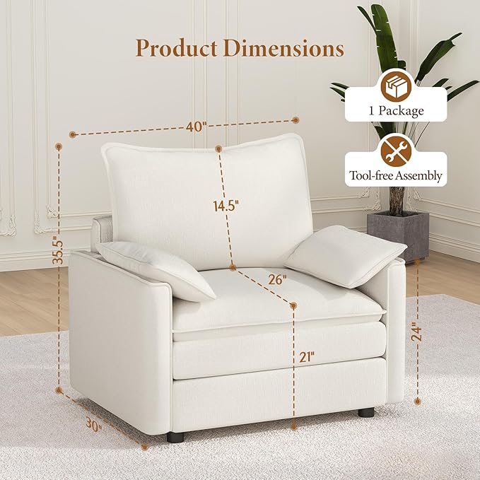 Vesgantti 40" Single Seat Sofa, Comfy Cloud Couch Deep Seat Upholstered Couch Chenille Modern Sofa with Armrest Pillow, Easy Assembly for Living Room, Bedroom and Apartment, Snow White