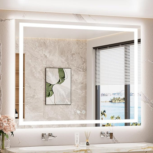 TETOTE 48 x 40 LED Lighted Bathroom Mirror with Lights, Brighter Led Vanity Mirror for Bathroom, Front and Backlit Illuminated Anti Fog Light up Mirror 3-Color Dimmable, Waterproof, Tempered Glass