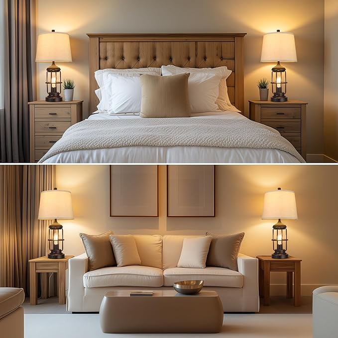 QiMH Table Lamp for Bedroom with USB A+C Ports, Farmhouse Bedside Lamp with Night Light, 3-Way Dimmable Touch Control, Rustic Industrial Nightstand Lamp for Living Room,1 Pack (2700K Bulbs Included)