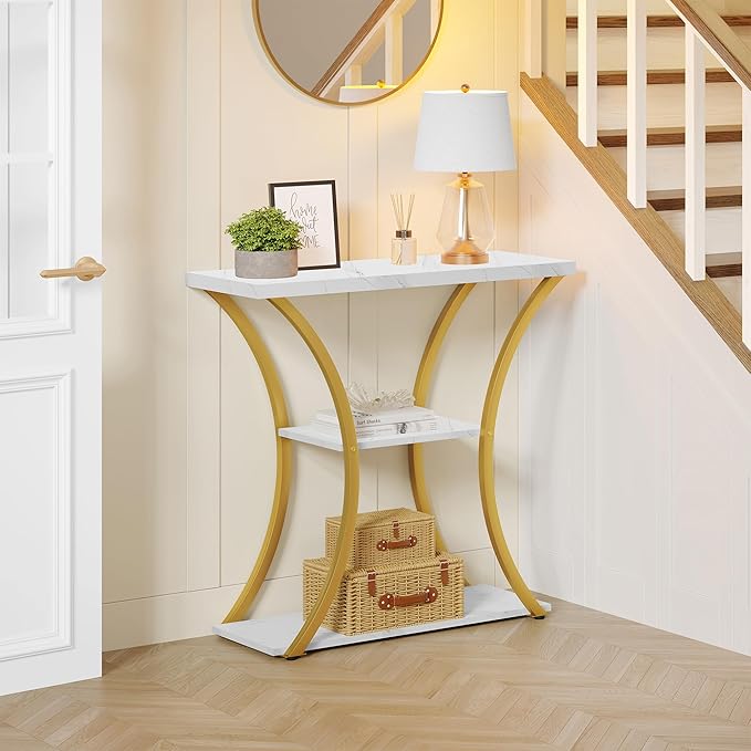 Hoctieon 3 Tier Console Table with Open Wood Shelves, Decorative Entryway Table with Curved Metal Frames, Narrow Sofa Table for Entrance, Living Room, Hallway, Gold and White Marbled
