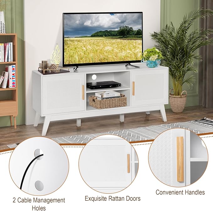 LOKO Natural Rattan TV Stand for 65-Inch TV, Media Storage Cabinet with 2 Doors, Adjustable Shelf, Modern Media Entertainment Center with Cable Management Holes for Living Room, Bedroom