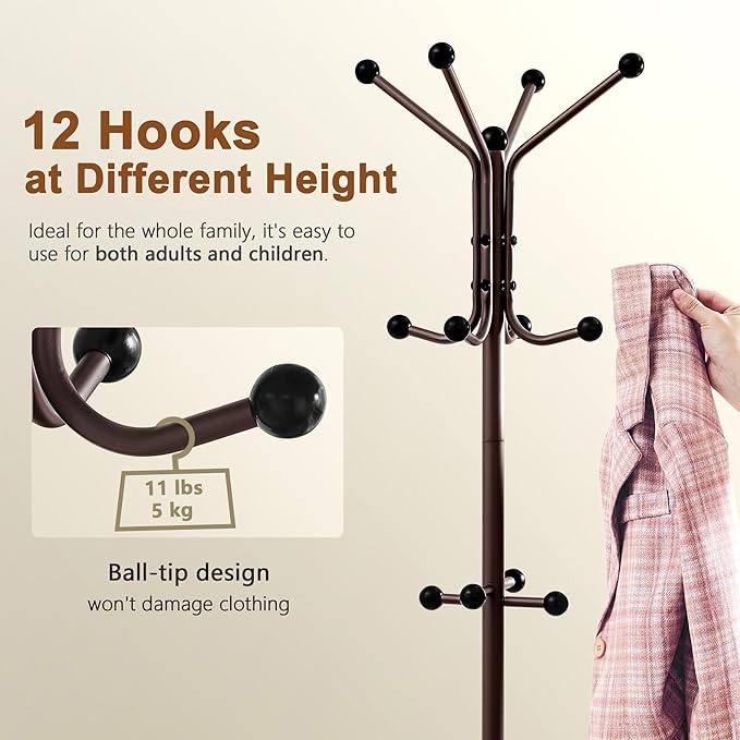 Hoctieon Coat Rack Freestanding, Coat Tree with Umbrella Holder, Metal Coat Rack Stand with 12 Hooks, Standing Coat Hanger Stand, Umbrella Stand for Entryway, Hat Rack Stand for Home Office, Brown