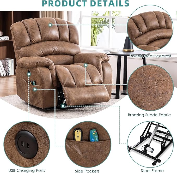 MEETWARM Tall Man Large Power Lift Electric Recliner Chair with Extended Footrest for Elderly, Overstuffed Wide Recliner with Heat & Massage, 2 Remote Controls, Side Pockets, USB Ports(Brown)