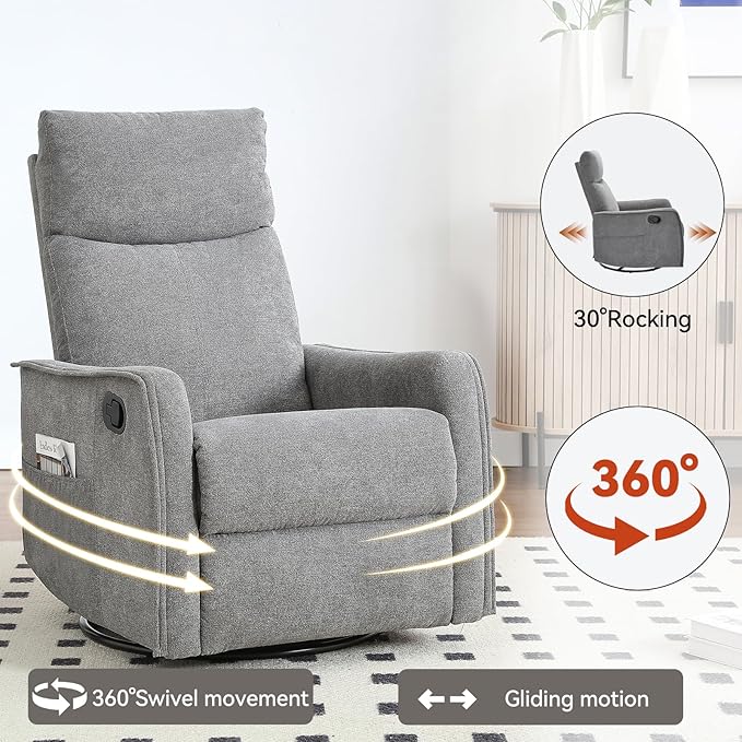 Massage Rocker Swivel Recliner Chair for Adults, Manual Recliner Glider with Lumbar Heating, Technical Flannel Fabric Nursery Glider Rocking Chair with Vibration Massage for Living Room - Grey