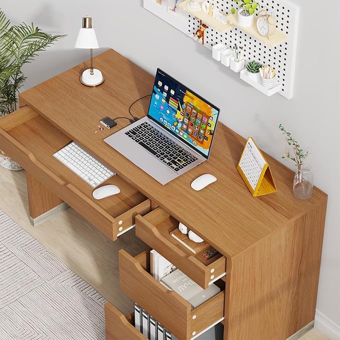 Small Desk with Drawers, 52 Inch Computer Desk with Storage, Home Office Desk with Filing Table for Bedroom, Brown