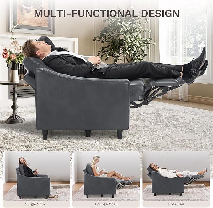 COLAMY Pushback Electric Recliner Chair Set of 2, Premium Leather Upholstery with Adjustable Angles, Extra Lumbar Pillow, Built-in Charging Port, Business-Casual Style for Living Room,Grey