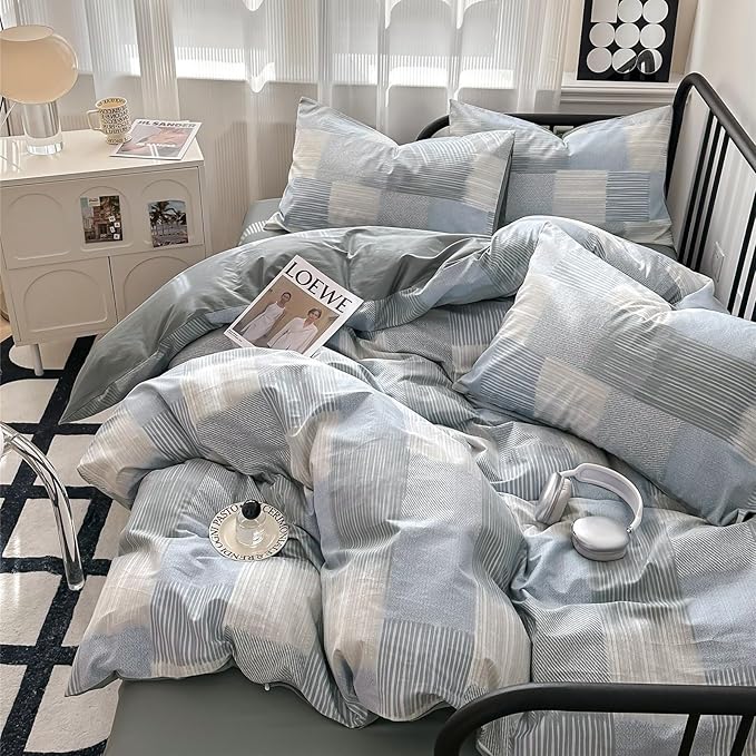 mixinni Twin XL Comforter Set Soft Aesthetic Blue Geometric Checkered Plaid Printed Bedding Comforter for Men Boys, 1 Soft Microfiber Reversible Comforter with 2 Pillowcases for All Seasons