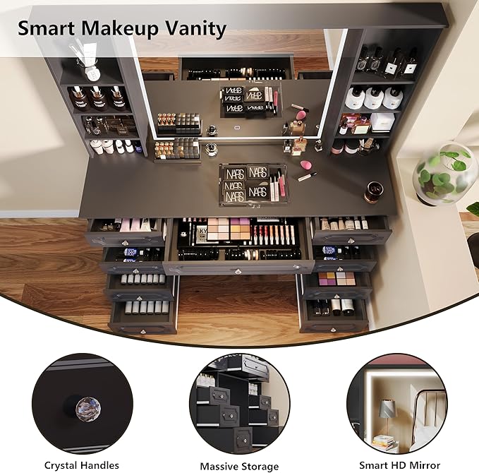 Vanity Desk with Lighted Mirror, 47” Heavy-Duty Large Makeup Vanity, 9 Drawer Dressing Table with Mirror, Elegant Make Up Desk for Bedroom (Black)