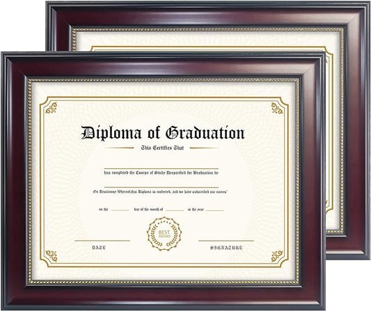 GraduatePro 8.5x11 Diploma Frame, Picture Frame for Wall and Tabletop Display with UV Protection Acrylic, Professional Wooden Look, Mahogany with Gold Beaded, Pack of 2