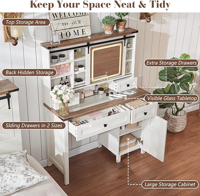 42'' Farmhouse Makeup Vanity Desk with Sliding Mirror and Lights, Glass Tabletop Vanity Table with Barn Door, 4 Drawers & Hidden Shelves, Rustic Big Vanity Women Dressing Table, Antique White