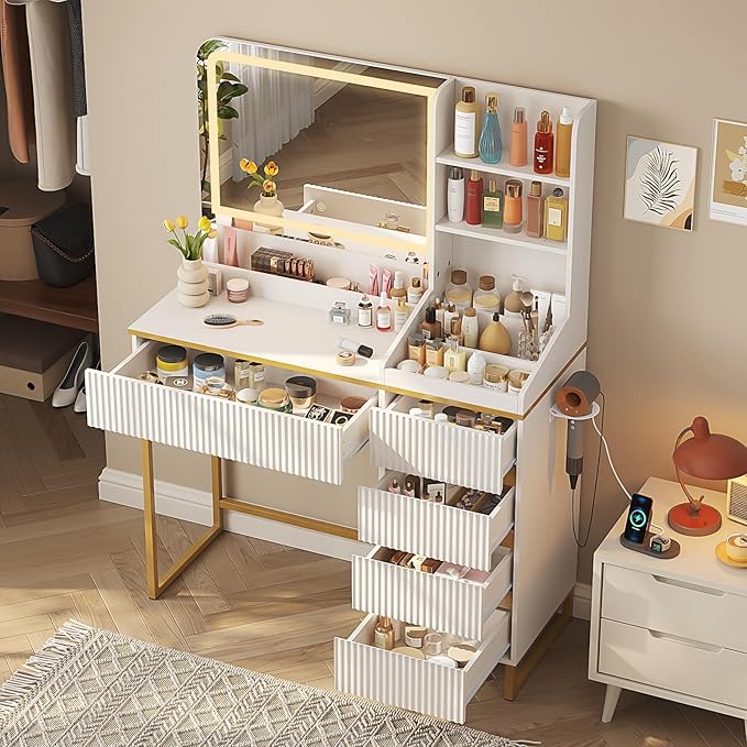 Vabches Makeup Vanity with Mirror and Lights, White and Gold Vanity Desk with 5 Drawers and Charging Station, Vanity Table for Bedroom