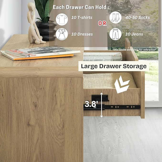 Meadow 6 Drawer Dresser for Bedroom, 47.2″ W Modern Wide Chest of Drawers, Wood Storage Organizer for Clothes, Entryway, Hallway, Nursery or Living Room, Oak