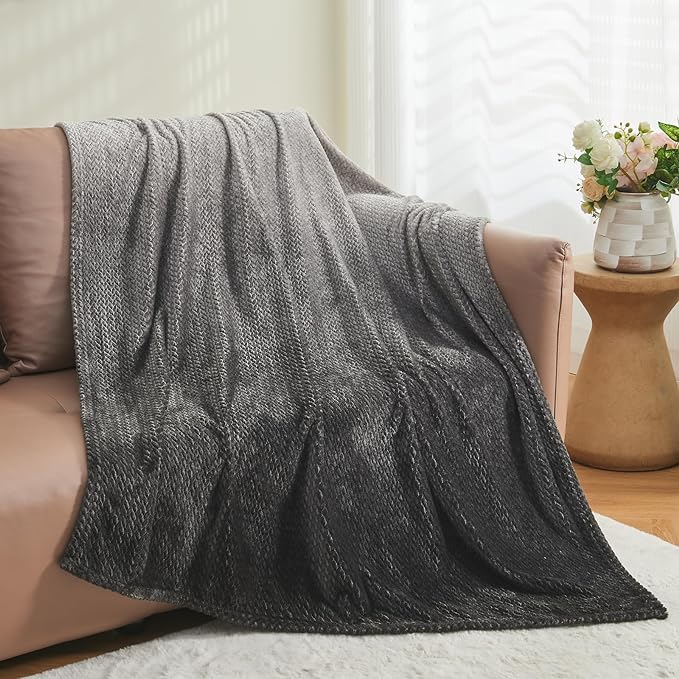 NEWCOSPLAY Super Soft Throw Blanket Ombre Dark Grey Premium Silky Flannel Fleece Leaves Pattern Lightweight Bed Blanket All Season Use (Ombre Dark Grey, Throw(50"x60"))