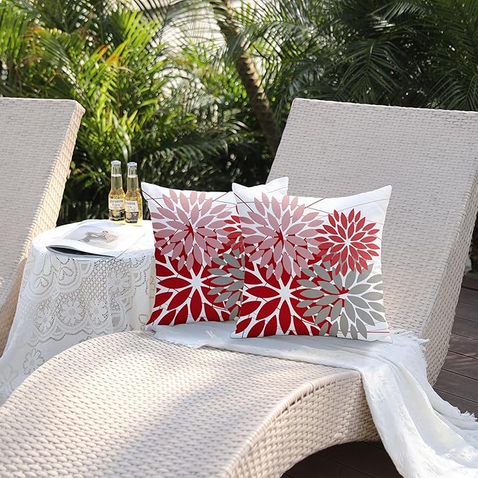 DFXSZ Outdoor Pillow Covers 20x20 Inch Set of 2 Pink Red Grey Flower Decorative Waterproof Summer Outdoor Valentines Pillow Covers for Patio Funiture Garden Couch 168M20