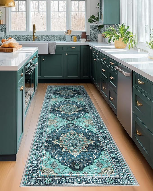 Area Rugs 2'x8' Washable Non-Slip, Floral Vintage Distress Print Pattern Medallion Carpet for Living Room Bedroom Dining Room, Teal Green Lake Blue Turquoise
