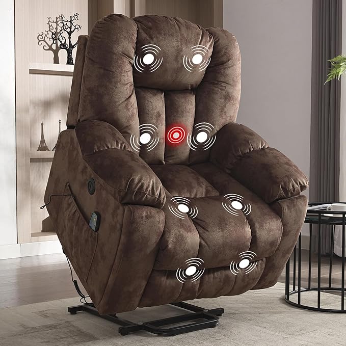 CANMOV Power Lift Recliner Chair with Massage and Heat for Elderly, Overstuffed Wide Recliners, Heavy Duty and Safety Motion Reclining Mechanism with USB Ports, 2 Concealed Cup Holders, Chocolate