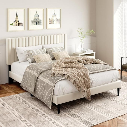 Queen Size Platform Bed Frame with Velvet Upholstered Headboard, Queen Bed Frame with Strong Wood Slats, Box Spring Optional, Mattress Foundation, Easy Assembly Beige