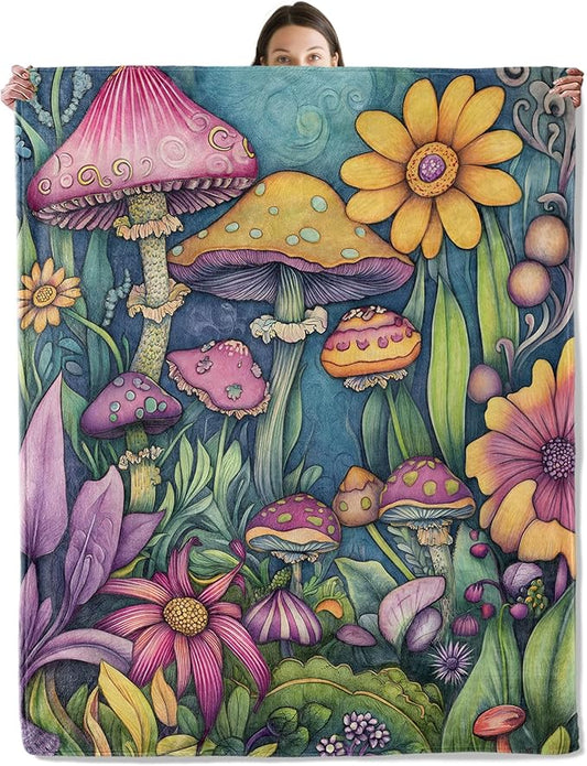 Fantasy Mushroom Blanket, Cozy Flannel Colorful Toadstools with Flowers Throw Blanket for Couch Outdoor, Plush Soft Lightweight Travel Blankets for Bed Decor and Gifts, for Women Adults 50"x60"