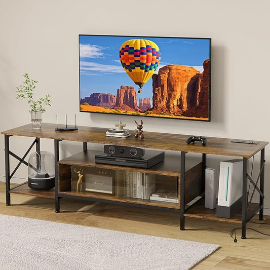 TV Stand with Fabric Drawers for 65 70 75 lnchesTV-Entertainment Center and Industrial TVConsole Table with Open Storage Shelves for LivingRoom, Bedroom -63" Rustic Brown