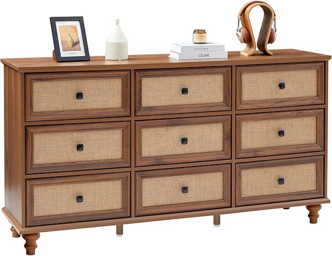 9 Drawer Dresser for Bedroom, Mid Century Modern Wide Wood Rustic Chest of Drawers Wooden Storage Organizer Dressers with Burlap Rattan Drawers for Living Room, Hallway Closet, Entryway, Walnut