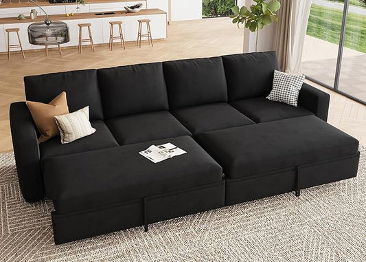 HONBAY Modular Sectional Sleeper Sofa Bed, with Pull Out Bed, Linen Convertible Sectional Couches for Living Room - Black