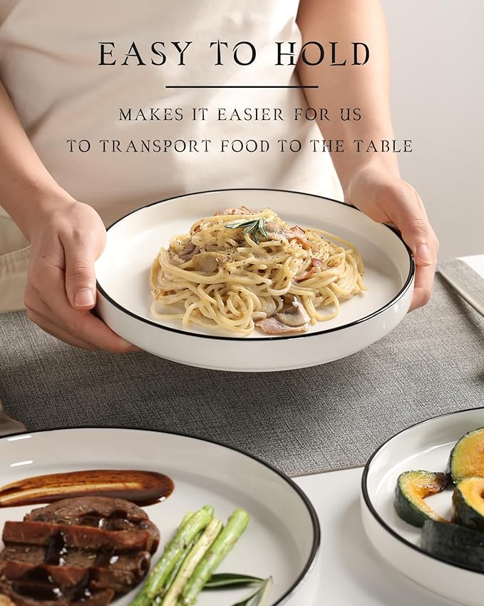 Sweejar Porcelain Dinnerware Sets for 4, 12 Pieces Ceramic Plates and Bowls Set, Classic Modern Simple Kitchen Dinner Dining Ware Set, Dishwasher and Microwave Safe Dishes Sets(Pure White-Black Rim)