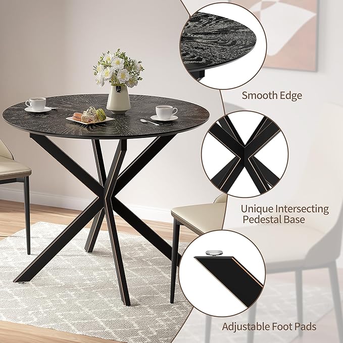 VFK 5-Pieces Dining Table Set for 4,36 inch Small Kitchen Table and Chairs Set Modern Metal Cross Base Dinner Table with 4 Cushioned Seat Round Coffee Table for Kitchen and Living Room