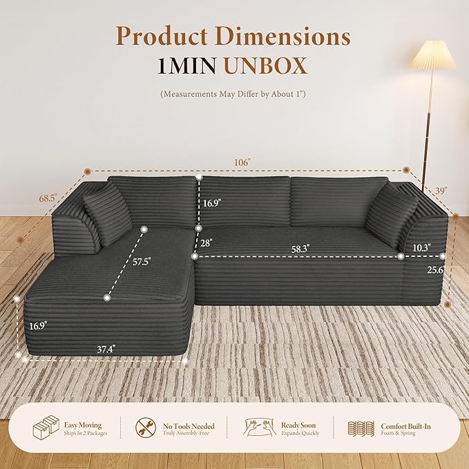Vesgantti 106" Boneless Couch with Chaise, Deep Seat Comfy Cloud Modular Sofa Corduroy Memory Foam Sectional Couches for Living Room Bedroom, No Assembly Required (Grey, Left-Facing Chaise)