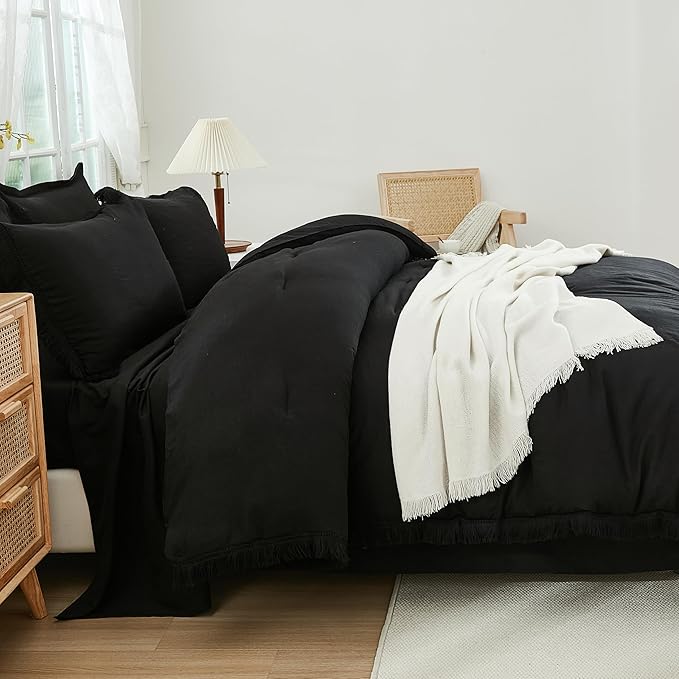 Andency Black Queen Size Comforter Set with Sheets - 7 Pieces Boho Tassel Bed in a Bag Soft Lightweight Bedding Sets, Black Fringe Bed Set with Comforter, Sheets, Pillowcases & Shams