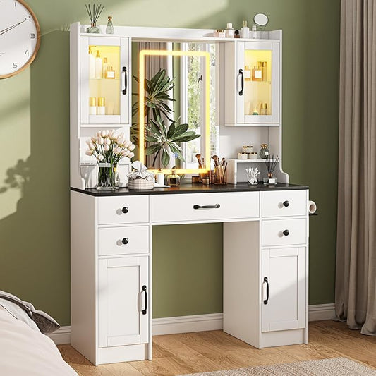 KAMABOKO Vanity Desk with Mirror & LED Lights & Power Outlet, Large Makeup Vanity Table with 6 Drawers and 4 Storage Cabinets, Dressing Table for Bedroom (White&Black)