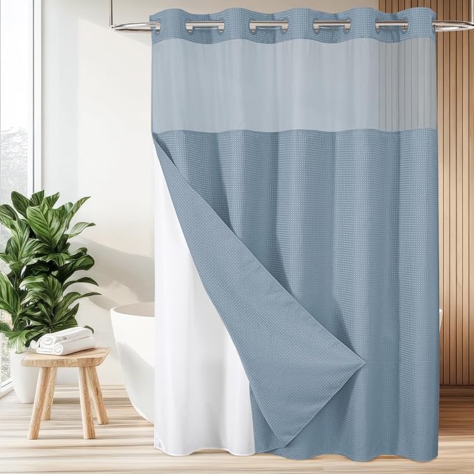 Colorful Star 256GSM Waffle Weave Heavy Duty Shower Curtains, No Hook Shower Curtain with Snap in Fabric Liner, Hotel Style Waterproof Bathroom Curtain Set, 72 x 75 Inch, Fog Blue