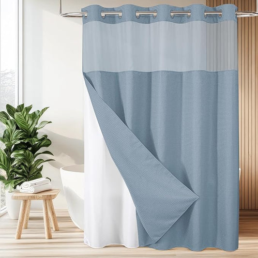 Colorful Star 256GSM Waffle Weave Heavy Duty Shower Curtains, No Hook Shower Curtain with Snap in Fabric Liner, Hotel Style Waterproof Bathroom Curtain Set, 72 x 75 Inch, Fog Blue