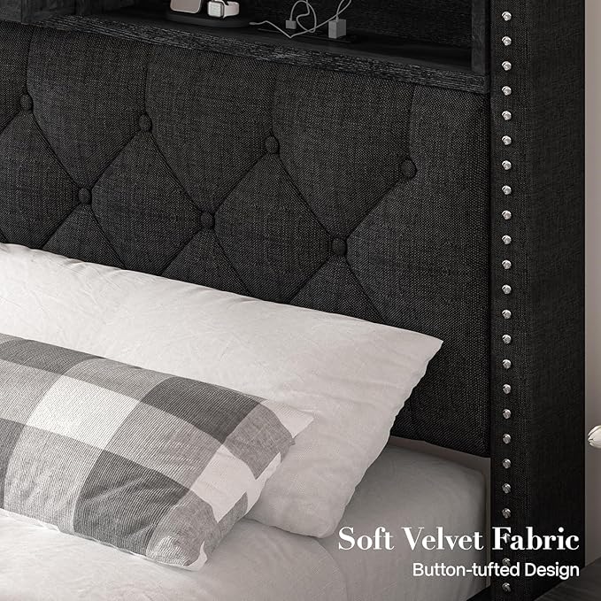 Queen Size Bed Frame, Linen Storage Headboard with LED Light & Charging Station, Upholstered Platform Bed with 2 Storage Drawers, Steel Slats Support, No Box Spring Needed, Black