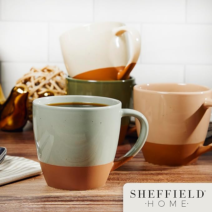 Sheffield Home Coffee Mugs Set of 4 Stoneware Mugs - 16oz Large Ceramic Coffee Mug with Handle - Dishwasher & Microwave Safe Classic Mug for Tea, Latte, Espresso and Cappuccino - Assorted Neutrals