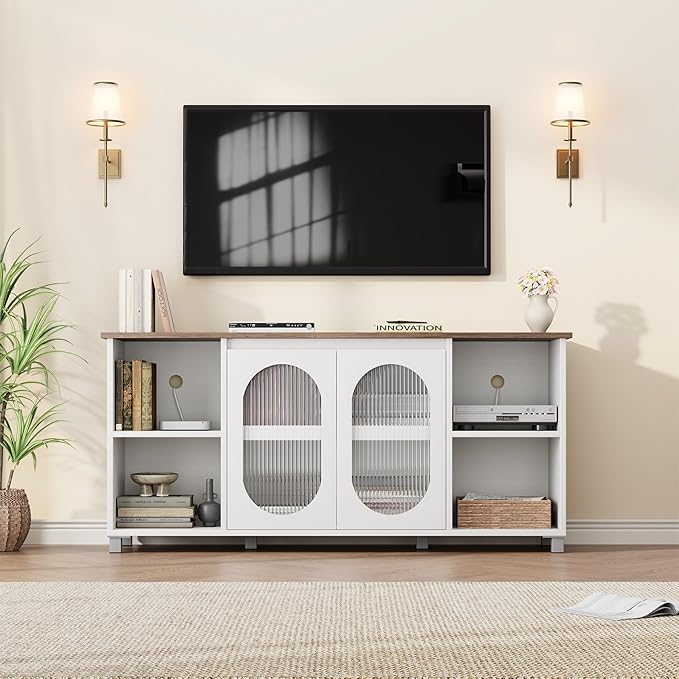 71" Modern Farmhouse TV Stand - Corrugated Glass Door Media Console with 3 Open Shelves, 15" D x 29" H Entertainment Center (White & Dark Brown)