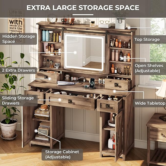 Makeup Vanity Desk with Lights, 47.2" Farmhouse Vanity Table with Sliding Mirror & Charging Station, Large Makeup Desk with 5 Drawers & 2 Cabinets, Rustic Oak