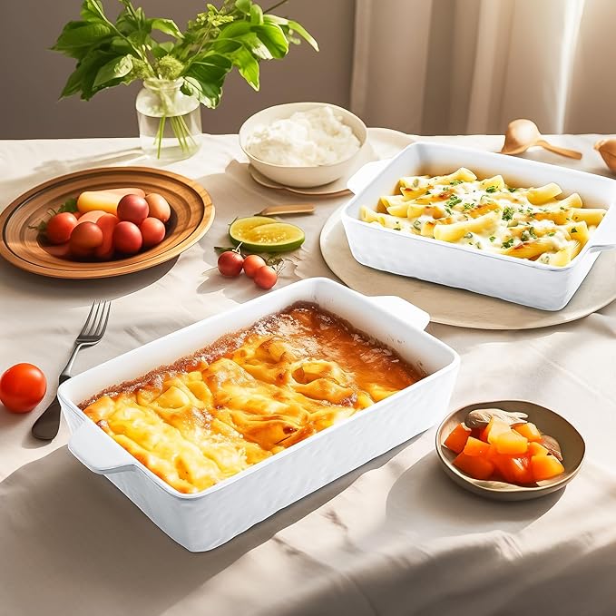 Casserole Dishes for Oven, Ceramic Baking Dishes, Lasagna Pan with Handles, Porcelain Baking Pan Deep, Bakeware for Baking, Cooking, Wedding Gift, Set of 3 (11.6" x 7.8", White)