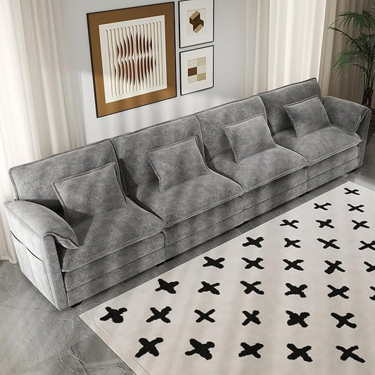 Real Relax 145'' Modular Sectional Sofa, 4 Seat Chenille Convertible Couch with 8 Pillows and 2 Armrest Pillows for Living Room, Office and Leisure Places, Dark Gray