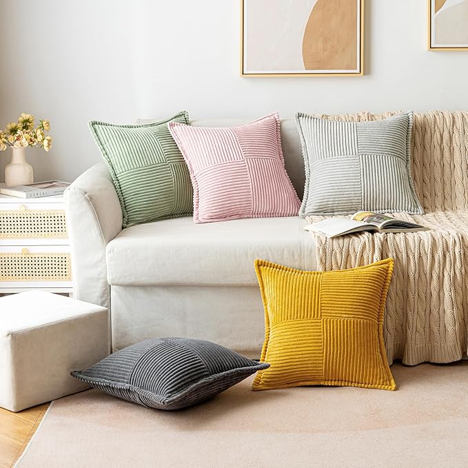 MIULEE Decorative Throw Pillow Covers for Couch Bed Livingroom 18x18 Inch Set of 2 Pink Boho Accent Throw Pllows Broadside Striped Patchwork Soft Corduroy Pillowcases