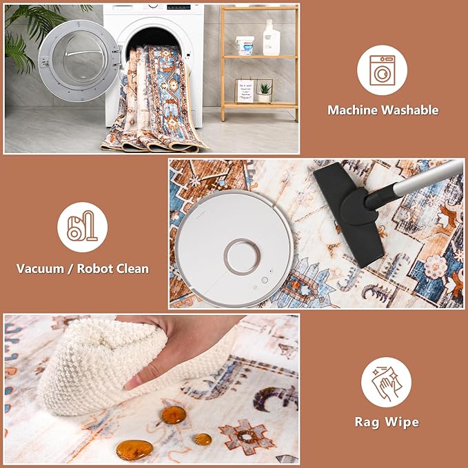 5x7 Area Rugs for Living Room, Non Slip Vintage Floral Rug for Bedroom Dining Room, Low Pile Indoor Carpet for Nursery, Kitchen, Office Home Decor, Orange