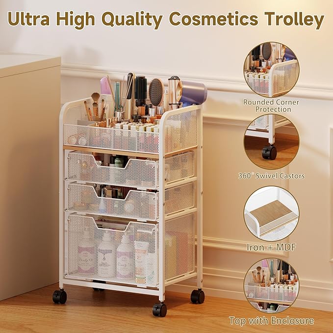 Makeup Cart Organizer with 3 Drawers,Floor Skincare Organizers with Dividers, Vanity Organizer Cosmetics Display Cases Holder for Skin Care Nail Polish Perfume Makeup brush Hair Tool,White