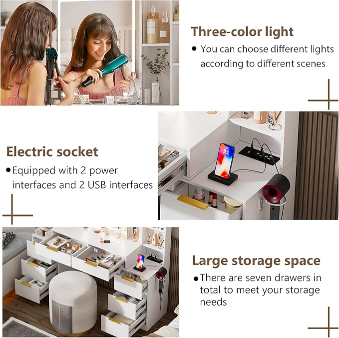 Large Makeup Vanity Desk with Lighted Mirror & Power Outlet,Dresser Table with 3 Lighting Modes Brightness Adjustable,Drawers,Shelves,Hair Dryer Stand for Bedroom,White (No Stool)