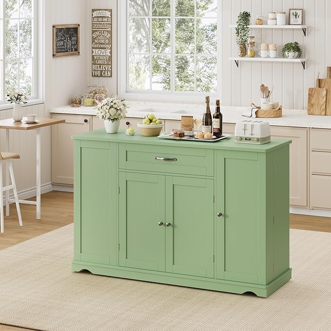 HOSTACK Kitchen Island Cart with Storage, 47'' Kitchen Storage Island on Wheels with 2 Drawer, Rolling Island Table with Adjustable Shelve, Mobile Buffet Sideboard Cabinet for Dining Room, Light Green