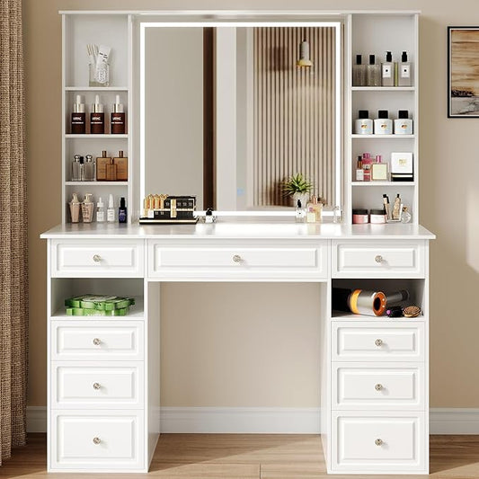 Makeup Vanity Desk with Mirror and Lights, 47" Large Vanity Table with 9 Drawers & 10 Open Storage Shelves, Brightness Adjustable, Dressing Table for Bedroom, Women Girl (White, A Panel)