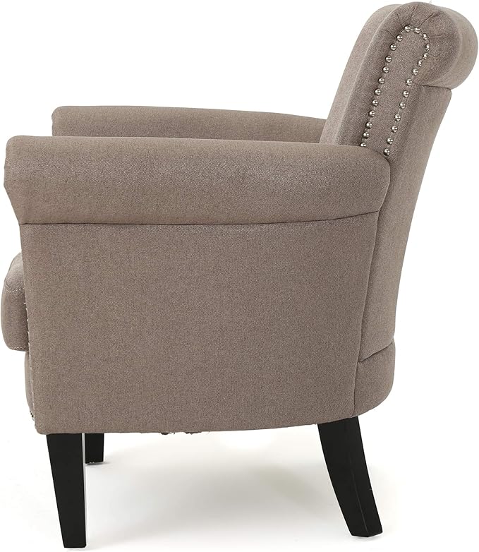 Christopher Knight Home Brice Vintage Scroll Arm Studded Fabric Club Chair, Light Coffee / Dark Brown, 31D x 29.5W x 31.5H in