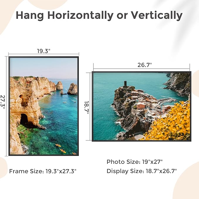 19x27 Metal Picture Frame - Black Aluminum Picture Frames with Real Glass, Wall Mounting Horizontally or Vertically, Diploma, Certificates and Decor for Wall Gallery 27x19 Frame, Black